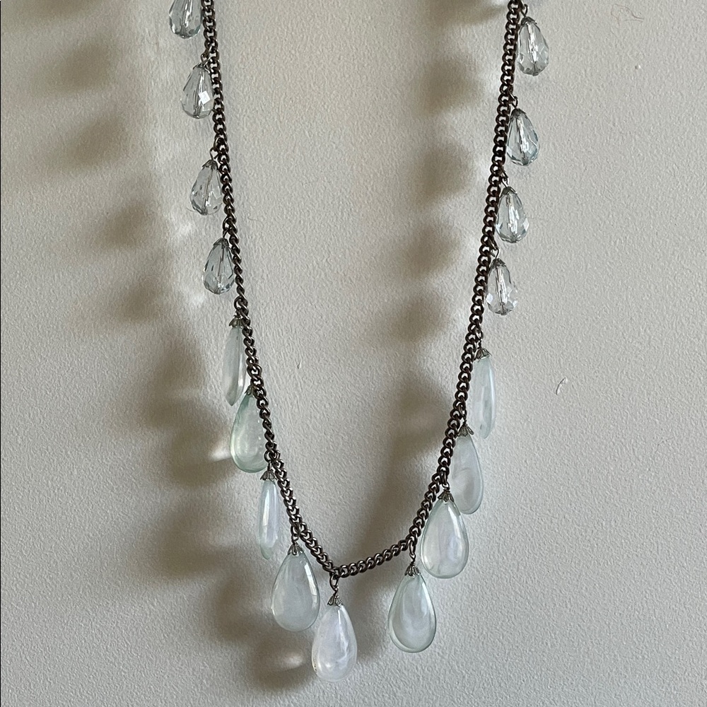 Loft Y2K Long Silver Necklace with Clear Aqua Teardrop Crystals and glass